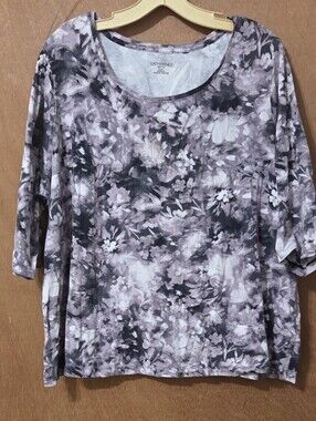 Catherines Floral Scoop Neck Long Sleeve Top in Gray And Beige 1XWP 18/20 WP
